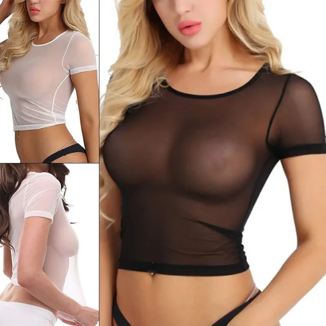 2019 Donna Sexy Rete Trasparente Elasticizzato T-Shirt Manica Corta Club Maglia