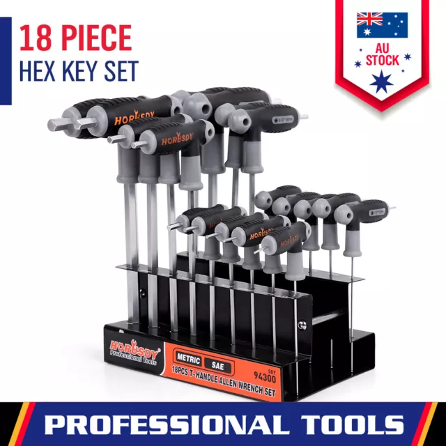 18Pc T-Handle Hex Wrench Allen Key Metric Imperial SAE Ball End Long Grip Handle