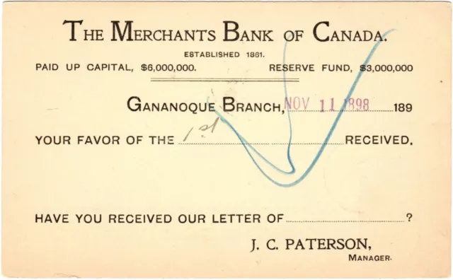 MERCHANTS BANK OF CANADA Gananoque Ontario 1898 Postal Stationery #7281