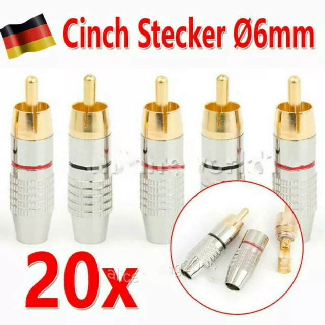 20x Metall Cinch RCA Stecker vergoldet 6mm zum Löten, Schrauben Chinch verg W7B5