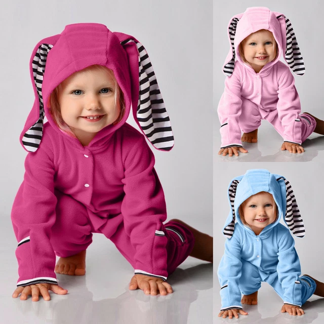 Newborn Infant Kids Baby Boy Girl Rabbit Ear Hooded Romper Fleece Jumpsuit Coat