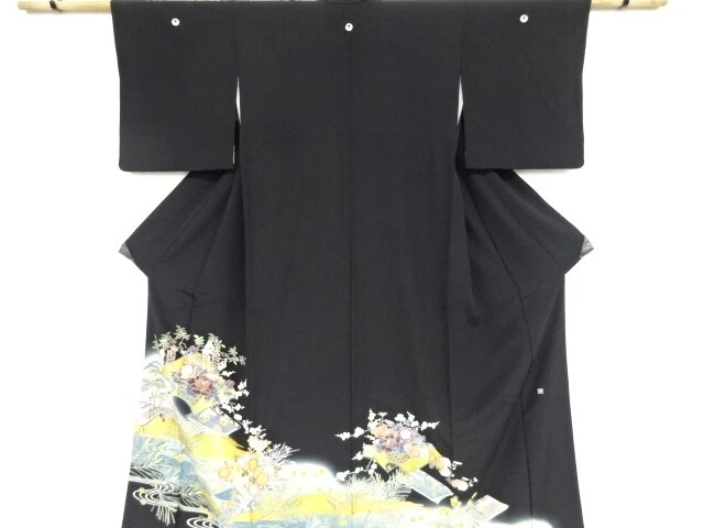 44794# Japanese Kimono / Antique Tomesode / Embroidery / Book & Flower Baske