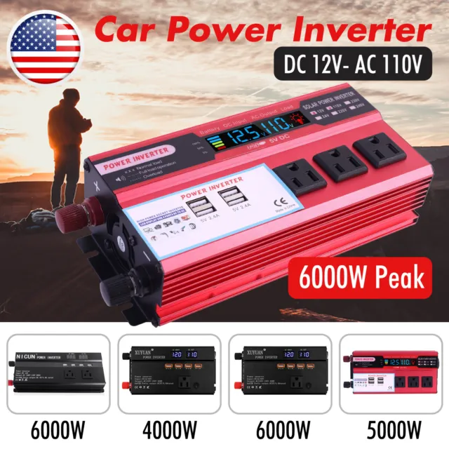 6000W 5000W Car Power Inverter DC 12V To AC 110V Sine Wave Solar Converter LCD 2