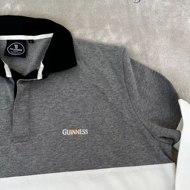 Guinness Rugby Shirt Mens Large Grey Black White Long Sleeve Striped Collared 2