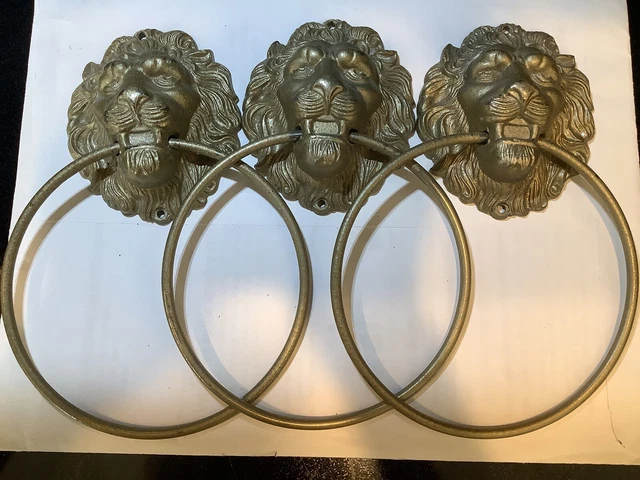3 Large VINTAGE BRASS LIONS HEAD TOWEL RINGS 8” Long, Towel Ring 5  1/2” Wide