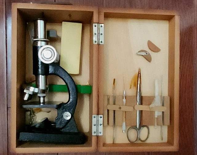 MICROSCOPE SET LUNAX 100x300x Wooden Box W/Tools, Slide. Estate Sale