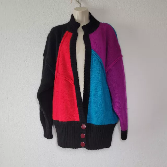 Vtg.80s P.G.E. Womens Size L Wool Mohair Blend Open Cardigan Sweater Colorblock
