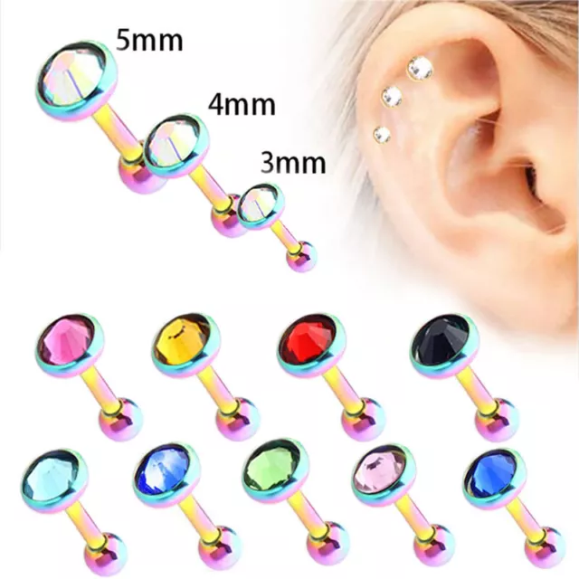 2pc 16G Steel 3/4/5mm Gem Colourful Bar Barbell Ear Cartilage Tragus Helix Studs