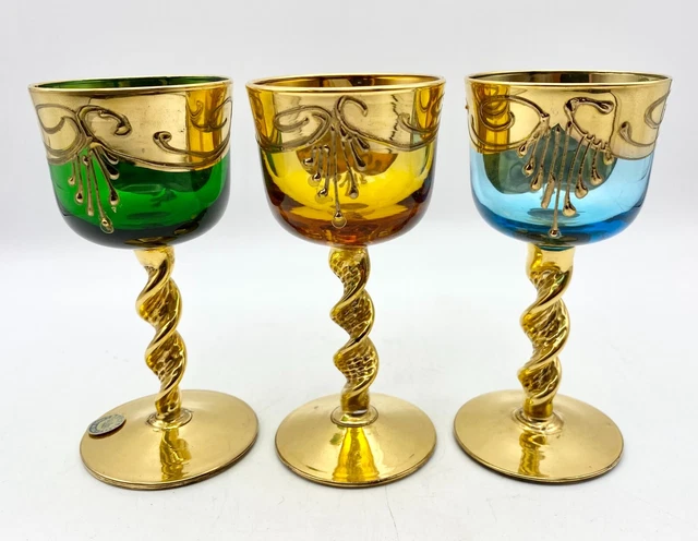 Vintage Murano Glass Handpainted Gold Gilt Decanter Wine Glasses 3 Pc