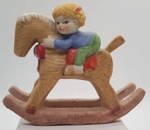 CHILD GIRL ROCKING Horse Bow Tie Ceramic Figurine Carousel Vintage 4"x5