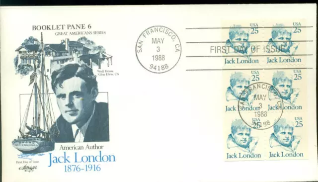 1988 FDC - Scott# 2197a - Jack London Bklt Pane - Artmaster Cachet  UA