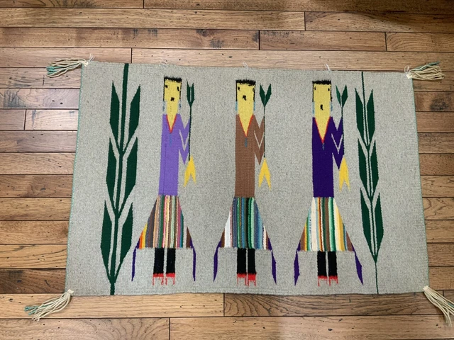 Vintage Navajo 3 figure Yei Rug With Corn People From The Area Lukachukai