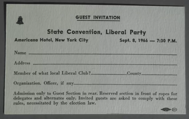 Invitation to the Liberal party State Convention Sept. 8, 1966 Americana Hotel