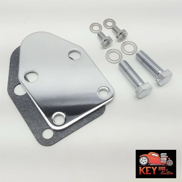 SMALL BLOCK CHEVY Chrome Fuel Pump Block Off Plate W/ Bolts SBC 327 305