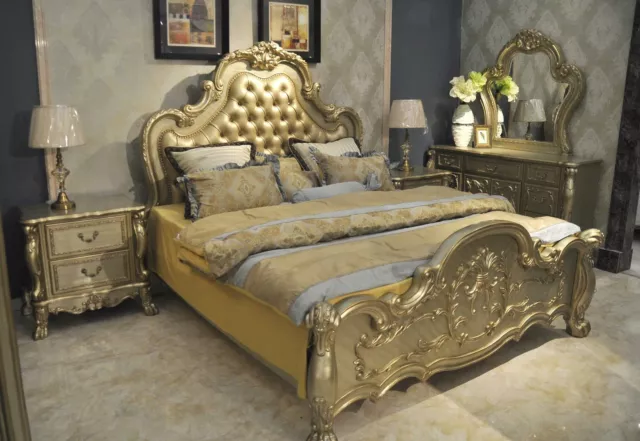 Lit + 2x Table de Chevet 3 Parties Chambre à Coucher Set Luxe Design Baroque