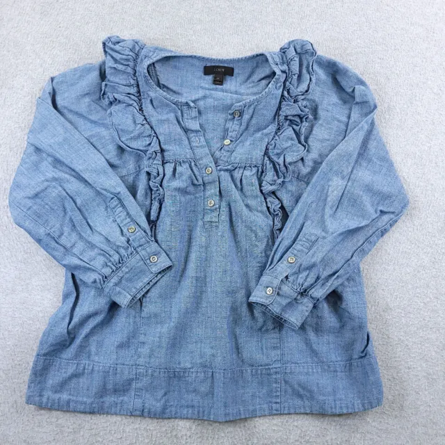 J CREW Top Womens 00 Blue Chambray Ruffle Front Popover Half Button Blouse