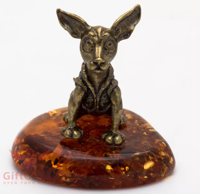 Solid Brass Amber Figurine Manchester or Russkiy Toy Terrier dog IronWork