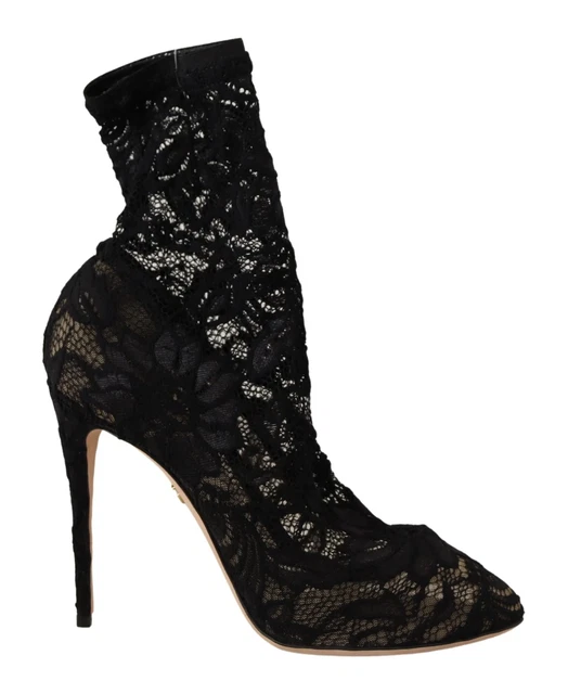 Dolce & Gabbana Black Stretch Sock Taormina Lace Boots Shoes 7 7.5 8
