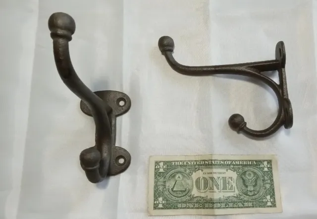 Pair Set 2 Antique Old Cast Iron Coat Tack Hat Harness Barn Double Wall Hook 6”