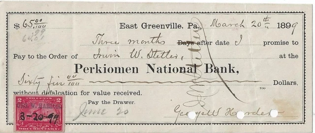 Perkiomen National Bank~East Greenville, Pa~Irwin W Stetler, Fredrick, Pa~1899