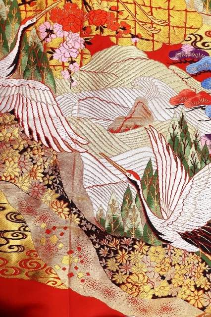 Japanese Kimono Uchikake Luxurious Wedding Embroidery Pure Silk Crane Red K540 6