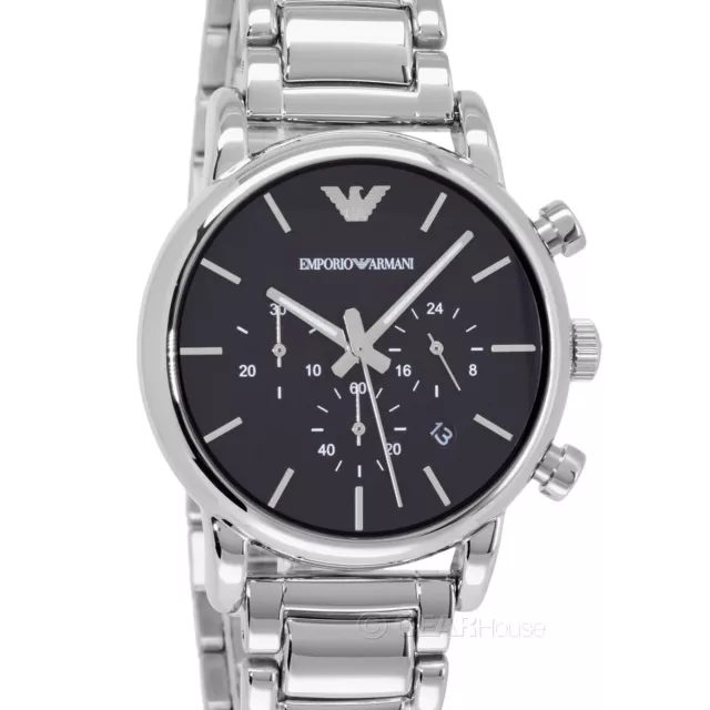 Emporio Armani Mens Chronograph Watch, Black Dial, Silver Stainless Steel Band