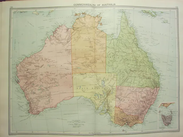 1920 Large Map ~ Australia ~ New South Wales Victoria Queensland Tasmania
