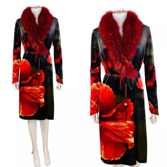 Vintage F/W 1999 Roberto Cavalli Black Green Red Velvet Floral Jacket Dress Fur 2