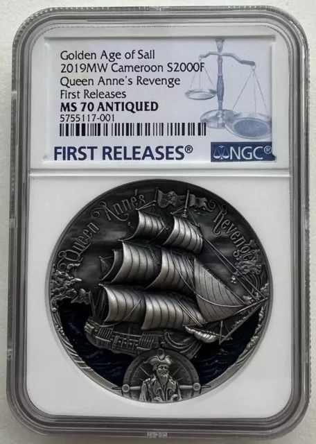 NGC MS70 Cameroon 2019 Golden Age of Sail Queen Anne's Revenge Silver Coin 2oz