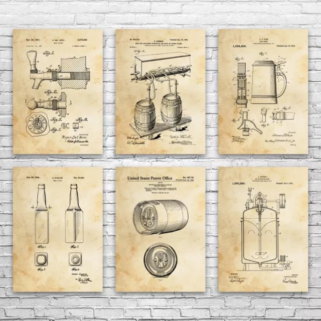 Beer Patent Posters Set of 6 Bar Decor Bartender Gift Restaurant Art Wet Bar Art