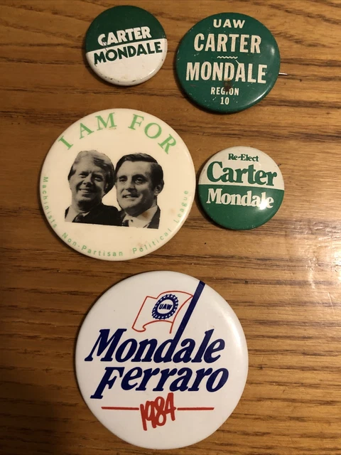 Lot Of 4 Carter Mondale & 1 Mondale Ferraro Presidential Campaign Buttons