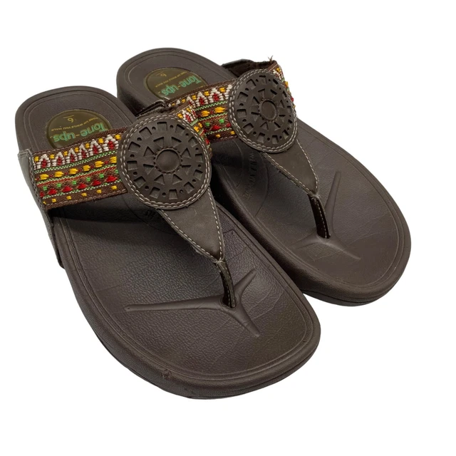 Y2K Skechers Tone-Ups Brown Leather Thong Sandal Flip Flop  Women's Size 6