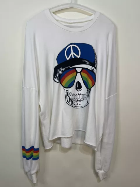 Lauren Moshi Womens Size M White Skull Peace Rainbow Pullover Sweatshirt