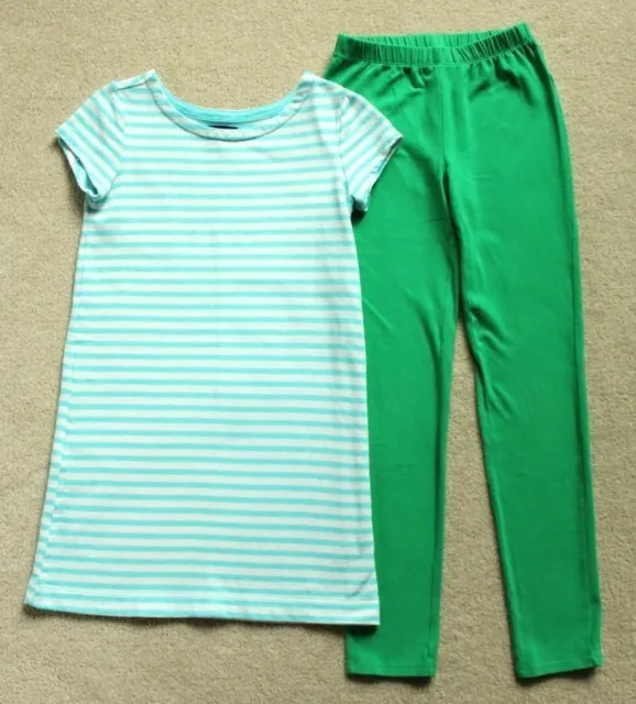 Girls GapKids Aqua Blue Striped Dress Green Leggings Outfit Medium M 8