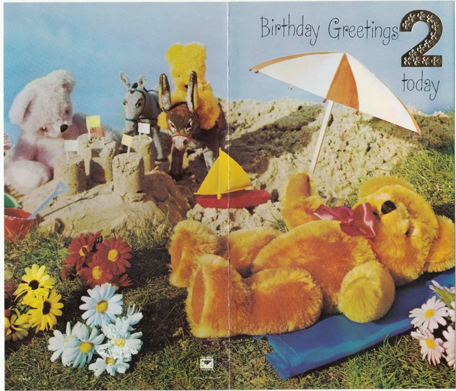 2nd Happy Birthday Boys Girls Vintage Greeting Card 2 Years Old Beach Teddy Bear