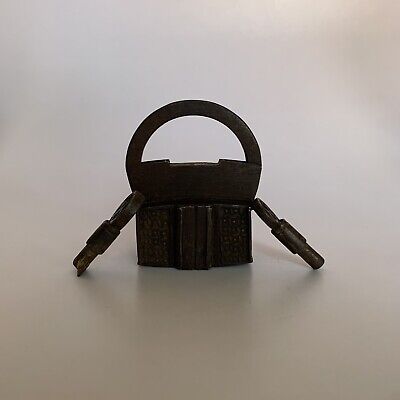 2 key iron padlock lock, old or antique, with brass work, small sized.