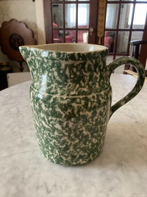 Workshops of Gerald E Henn Roseville Ohio Green Spongeware Pottery 2 Qt Pitcher