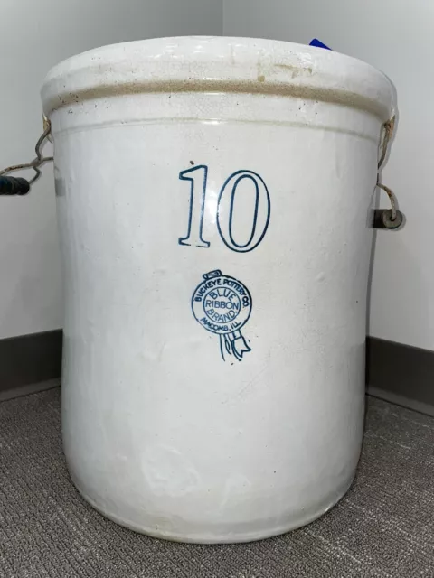 10 Gallon Antique Crock Vintage Blue Ribbon Buckeye Pottery Co 45 lbs Stonewear