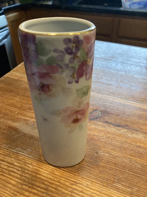 OTAGIRI Floral Mist Bud Vase Gold Rim Cabbage Roses Violets Cottagecore Japan