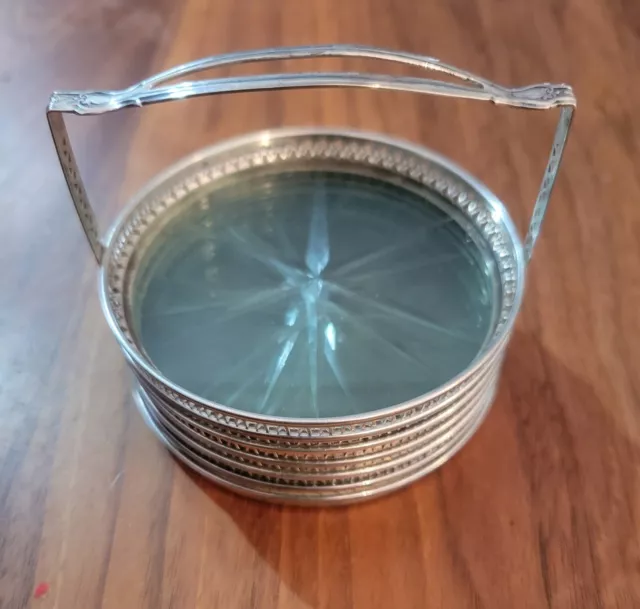 Antiques set of 6 Webster Sterling Silver and Glass Coasters with Holder.