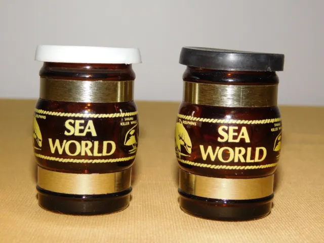 Vintage 2 1/2" High Souvenir Brown Glass Mug Sea World Salt & Pepper Shakers