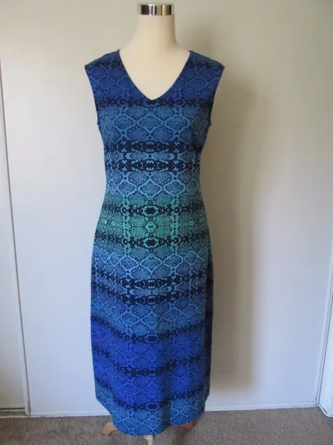 Isaac Mizrahi Live Blue Snakeskin Print V-Neck Cotton Blend Long Dress NWOT SZ.S