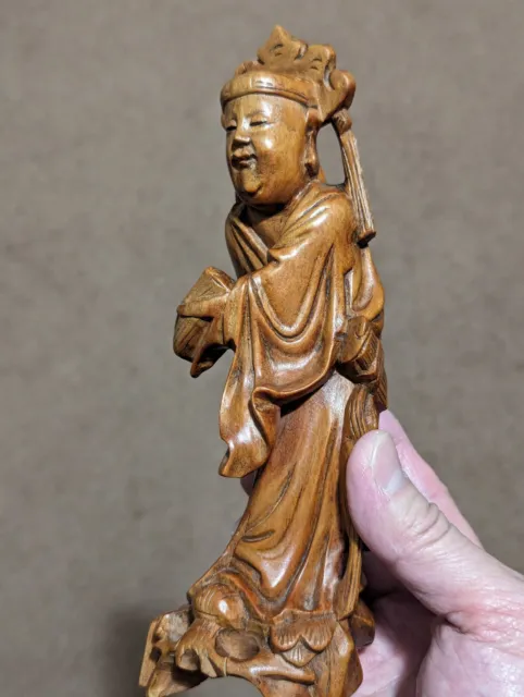 民国花梨木雕明代持经执扇书生 Antique Republic China Rosewood Hand Carved Scholar Statue Figure