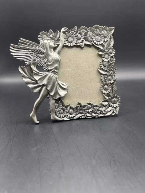 Vintage Fairy and Flowers Pewter Tone Metal Picture Photo Frame  2" X 3"