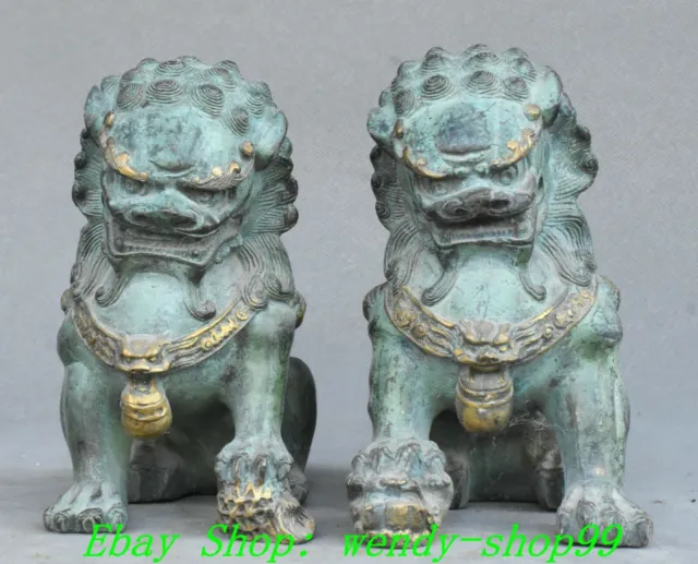 6" Old Chinese Bronze Gilt Fengshui Dragon Foo Fu Dog Guardion Lion Statue Pair