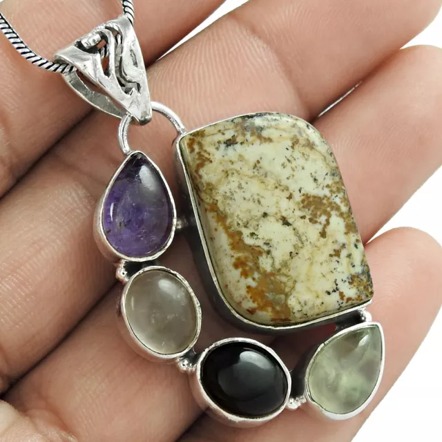 Anniversaire Cadeau pour Elle Naturel Jasper Gemme Pendentif Ethnic 925 Argent