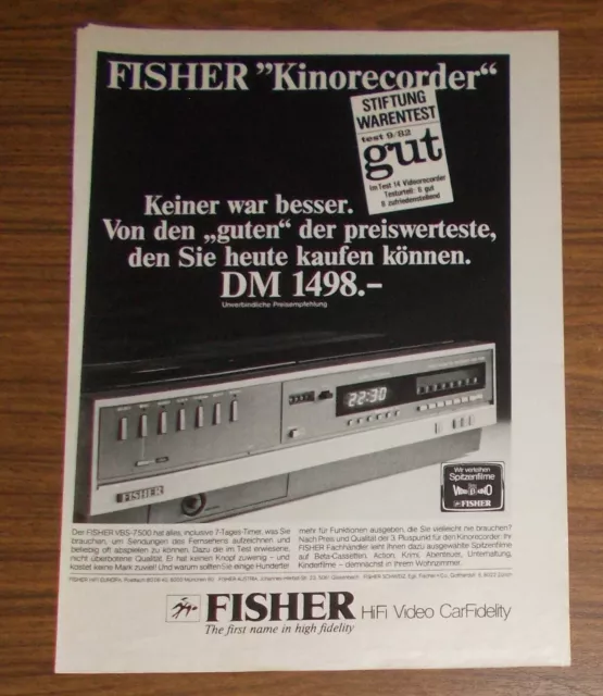 Seltene Werbung vintage FISHER VBS-7500 Betamax Videorecorder #1 1982