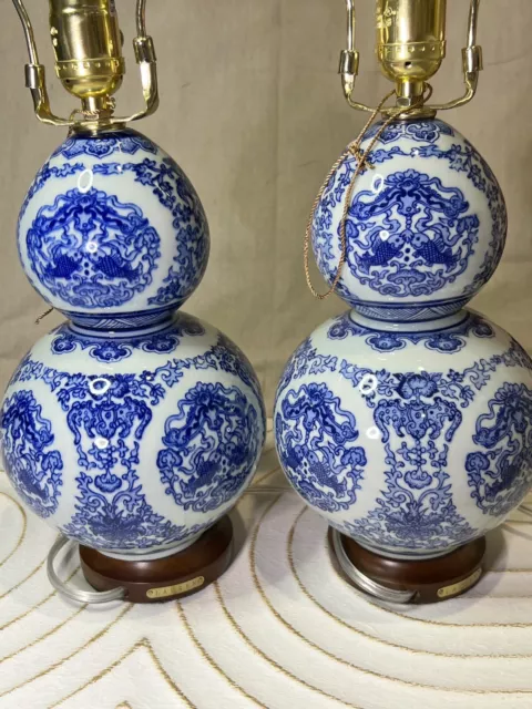 SET of 2 RARE Ralph Lauren Lamps Porcelain Chinoiserie Blue &White Koi Fish 21”7