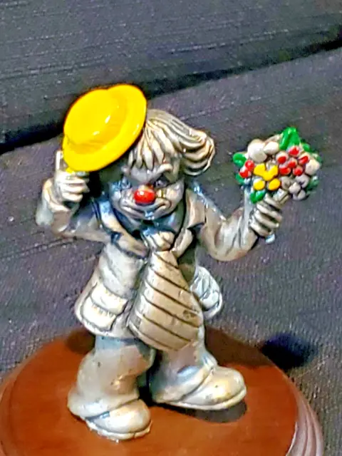 VTG Rare George Good Cast Pewter Clown On Wood Base With Flowers 3" Tall Statue 2