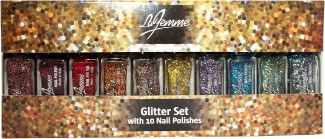 La Femme 10 Mini Glitter Nail Polish Set Stocking Hamper Filler Beauty Gift